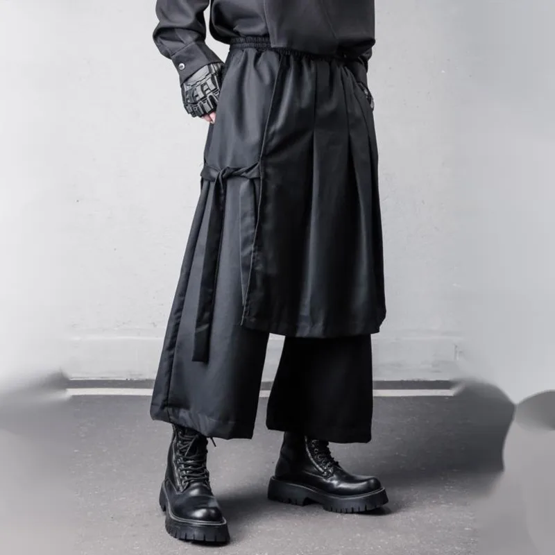 HKSH Yamamoto Dark Style Wide-leg Pants Men Spring Summer Asymmetrical Design Faux Two-piece Skirt-Pants Vibe Tie-waist HK20185