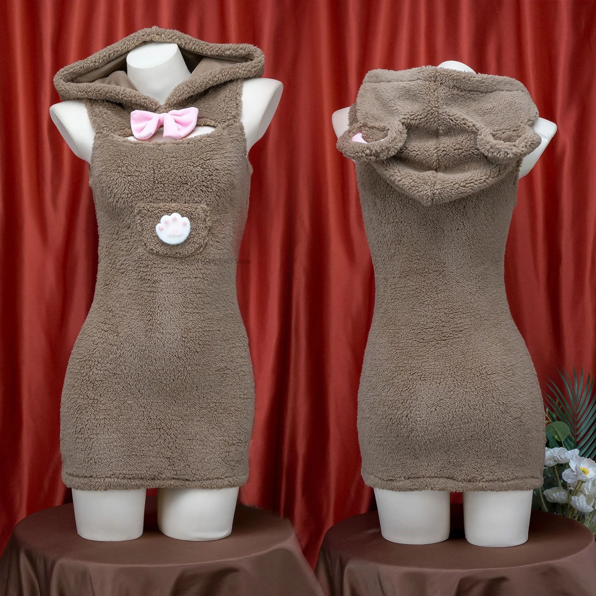 

Anime Bear Maid Cosplay Costume Women Kawaii Plush Hooded Bodysuit Gloves Suits Cute Sleeveless Dress Pajamas Halloween Clothing