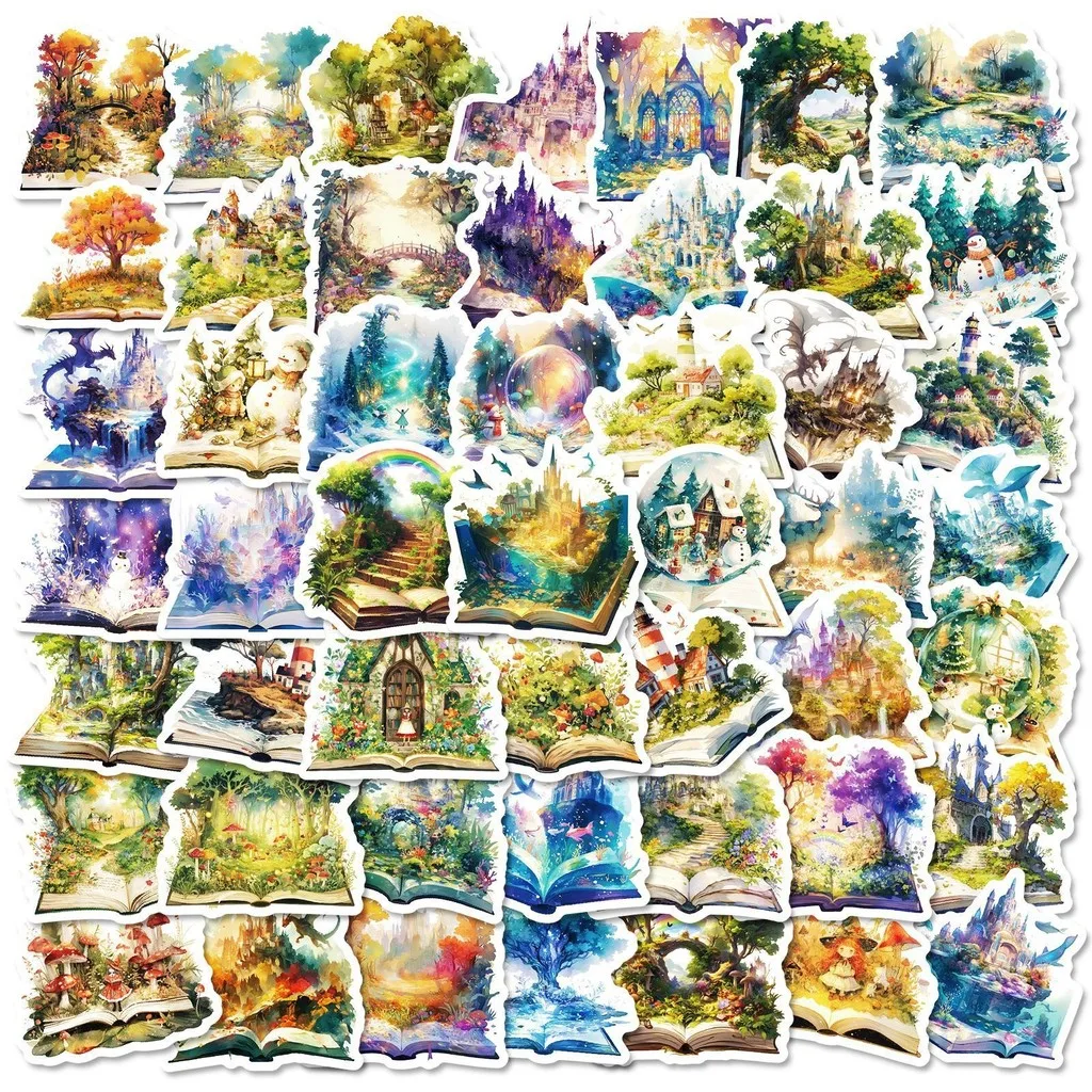 50Pcs Dreamy Magic Book Series Doodle Stickers, Non-Repeating PP Waterproof Decals for DIY Craft Golden Memory Stickers Store