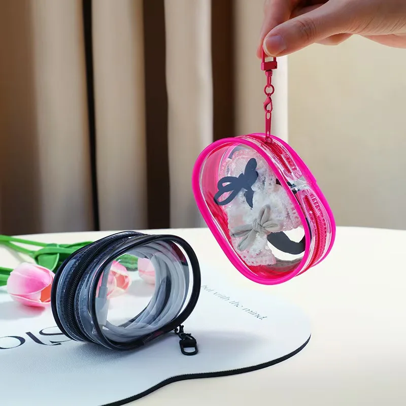 Oval Clear Zipper Storage Pouch with Hook Keychain Portable Dust Proof Organizer Bag for Jewelry Doll Charms Tiny Accessories