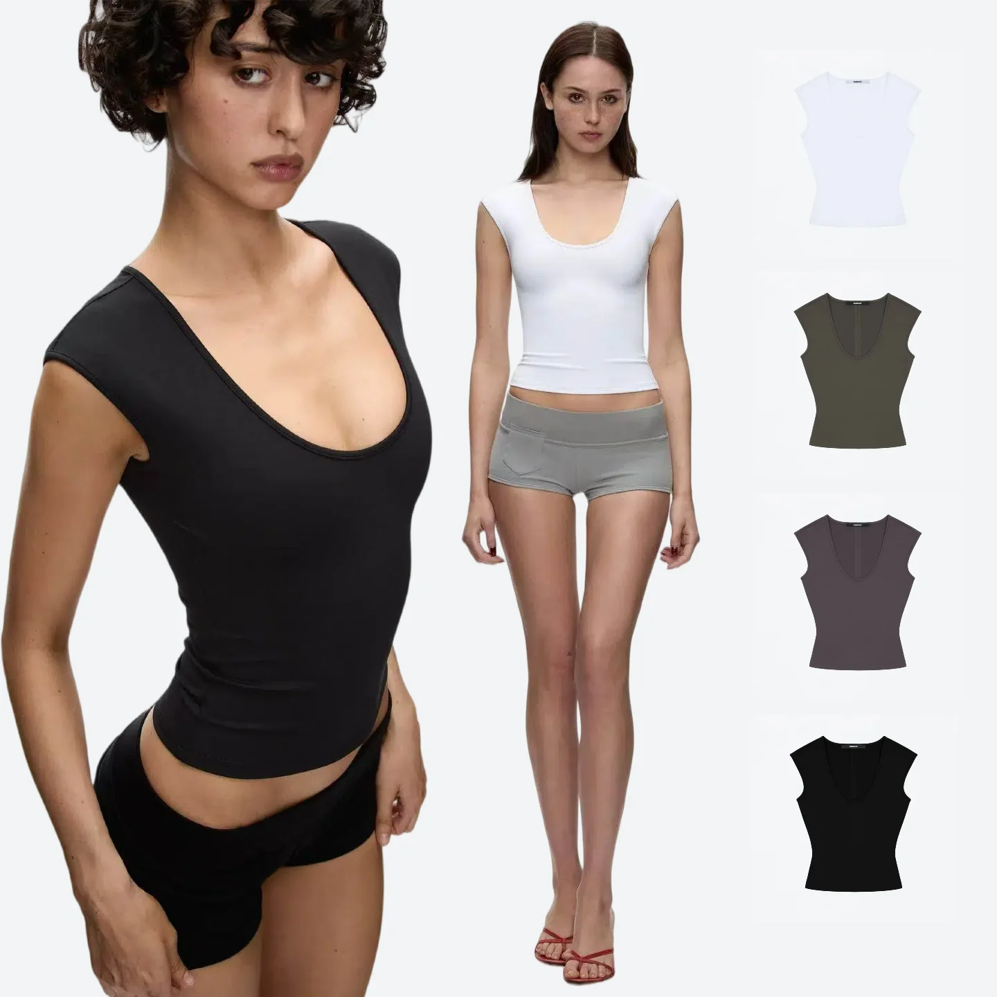 Tank white and black minimalist oval tight U-neck T-shirt dyed high-elastic vest short top
