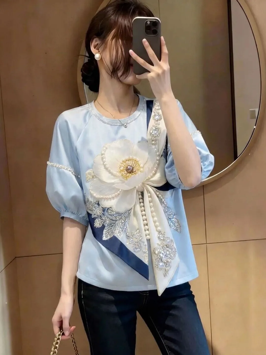 Summer 2026 Korean Style Glitzy Beaded Top Women's Fashion Heavy Embellished Korean Version Bubble Sleeve round Neck T-Shirt