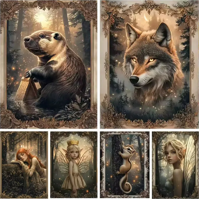 

5D Diy Diamond Art Painting Animal Embroidery Forest Elf Girl Wolf Picture Diamond Mosaic New 2025 Rhinestone Home Decoration