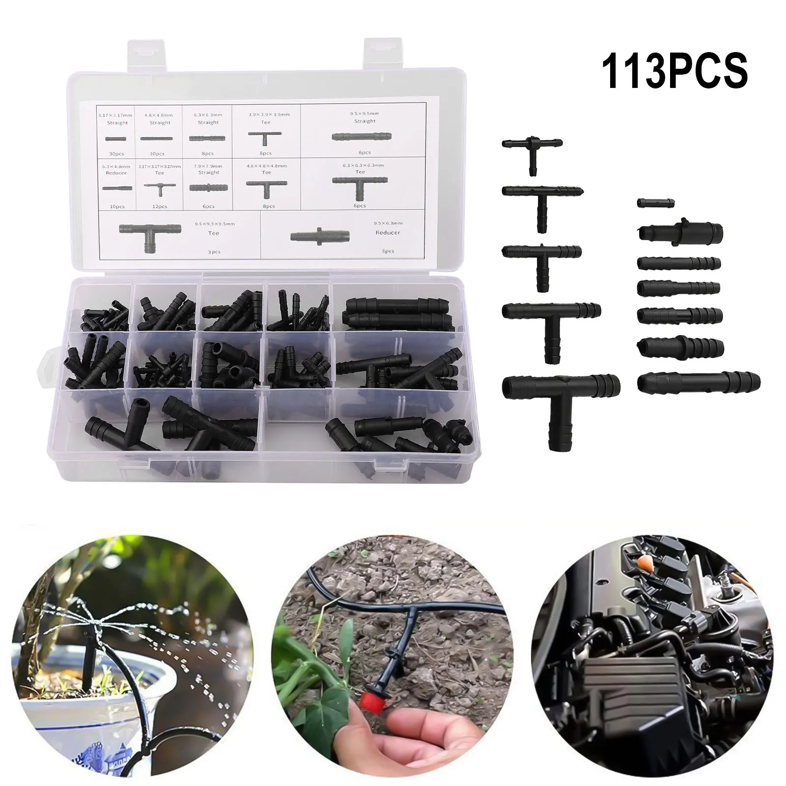 Organized 113 Piece Car Hose Connector Assortment Reducers Straight T Piece Connectors for Various Applications