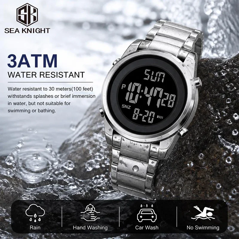 SEA KNIGHT Watch for Men Luxury Stainless Steel Strap Outdoor Sports Electronic Watch Man LED Luminous Digital Waterproof Clock