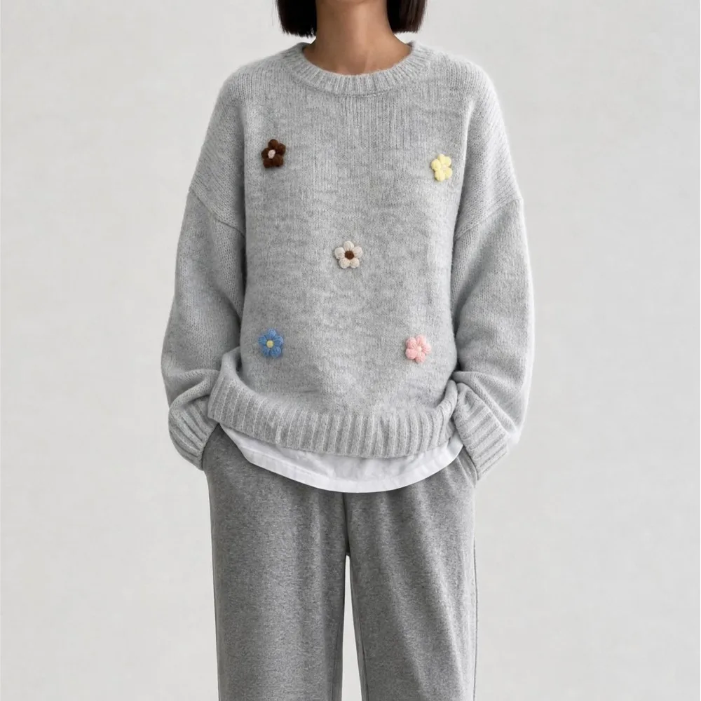 Women's Clothing Loose Knitwear New Long Sleeve Round Neck Floral Sweater Top All-match Pullover Simple Style Comfortable Trendy 3
