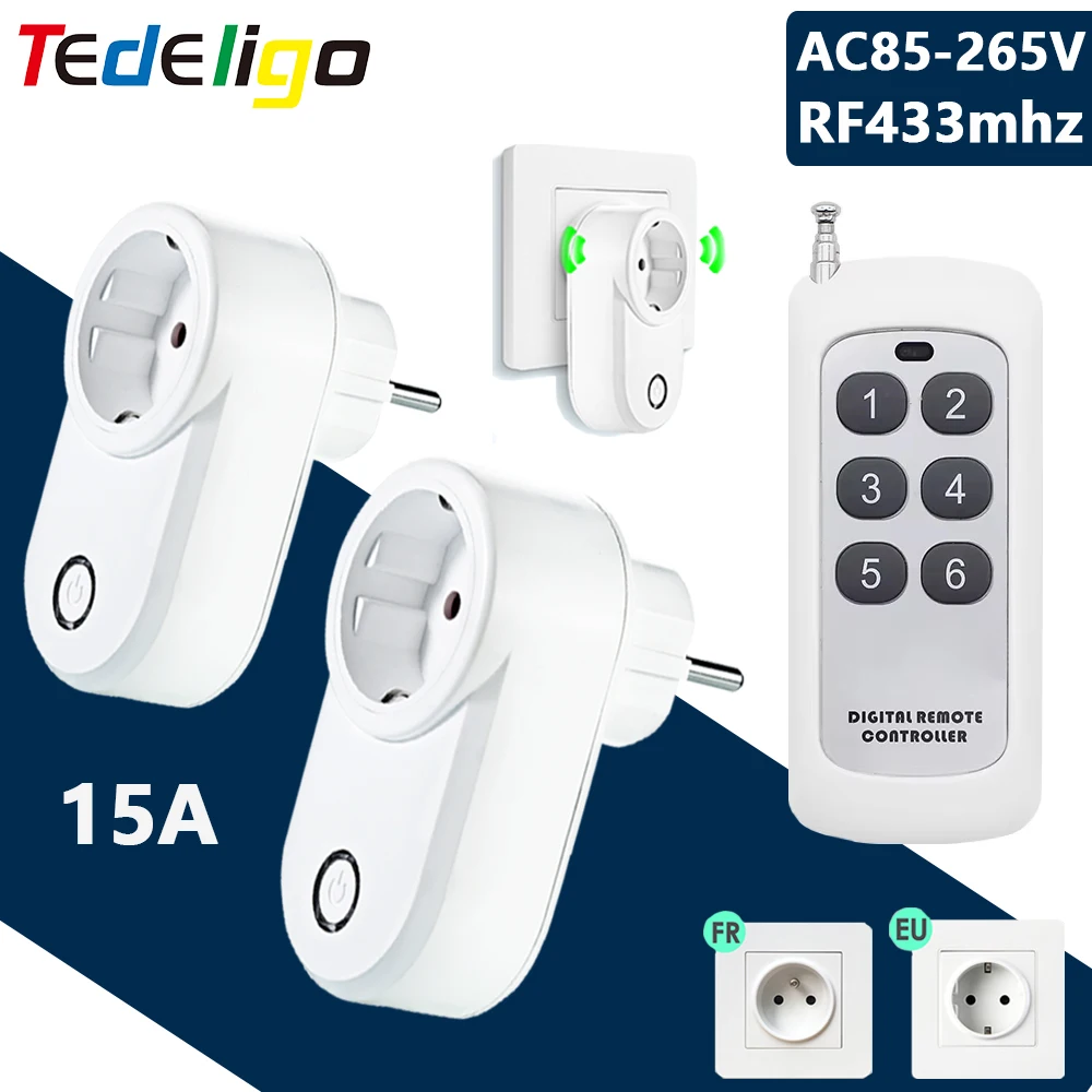 

433 Mhz Wireless Remote Control Socket Switch 220V 15A 3000W EU FR Universal Plug Remote ON OFF Electrical Outlets for Light Led