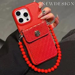 Luxury Bead Bracelet Hand Lanyard Wallet Phone Case For iPhone 16 11 12 13 14 Pro Max 15 Plus Card Slot Bag Card Holder Cover