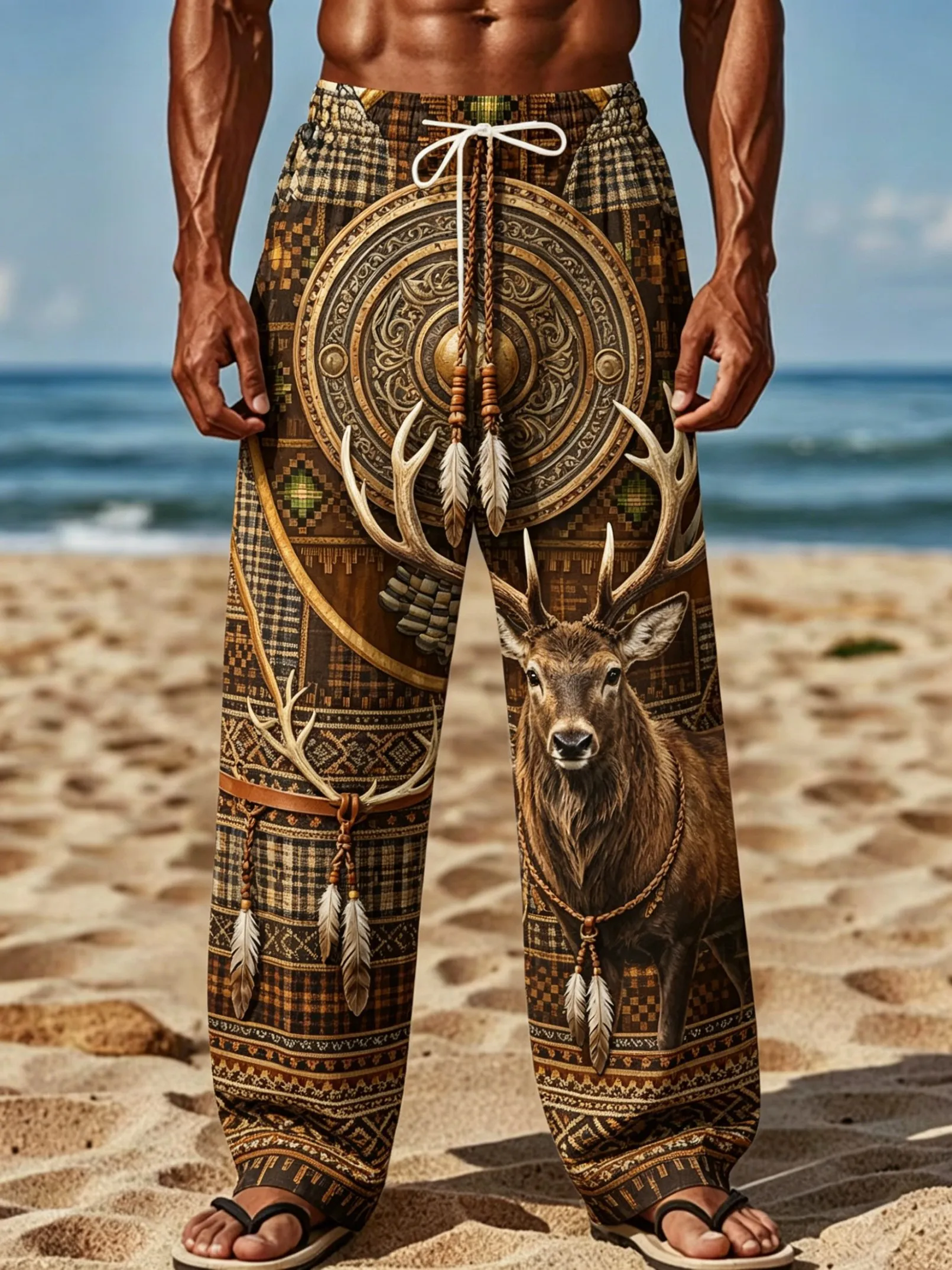 

Men's Spring Summer Vintage Elk Totem Plaid Feather Print Drawstring Pants, Western Ethnic Trousers for Beach Daily Outfit