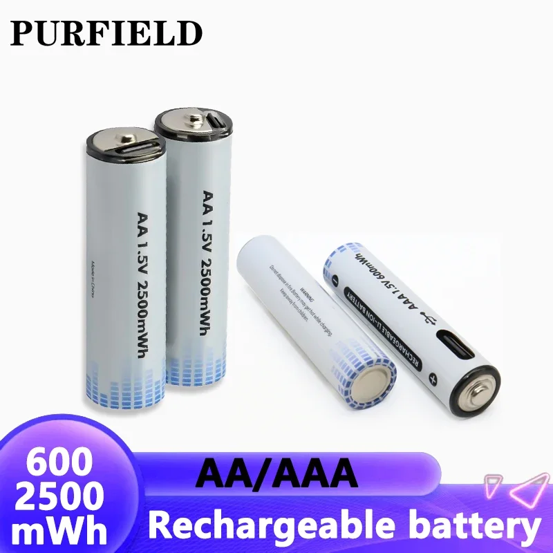 PURFIELD High capacity 1.5V 600mWh 2500mWh AAA AA USB rechargeable li-ion battery for Remote control wireless mouse Toys Camera