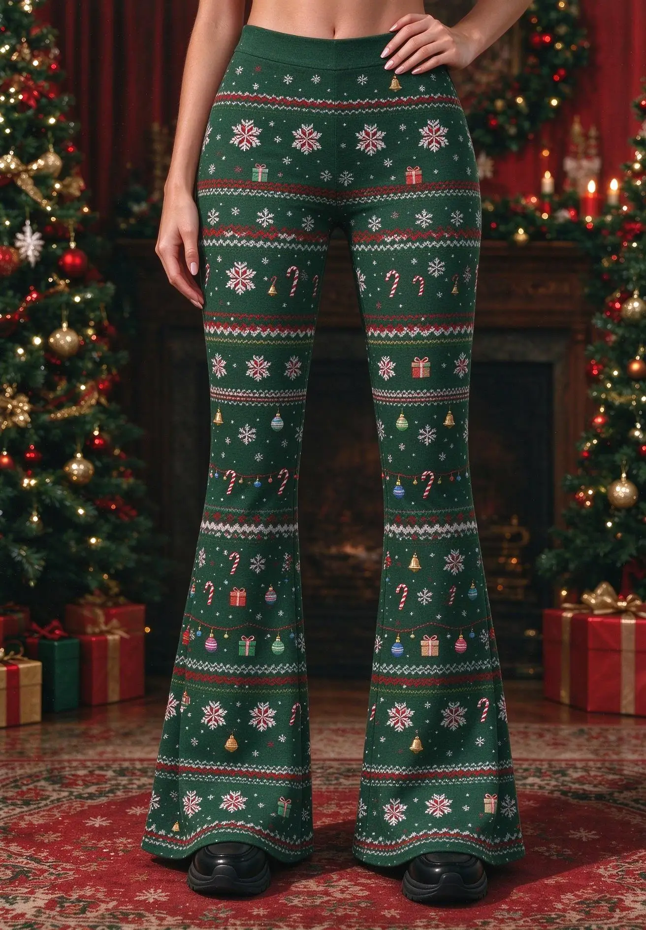 Women Mid Rise Skinny Flare Pants Christmas Knit Style Snowflake Candy Cane Print Green Stretch Bell Bottom Trousers