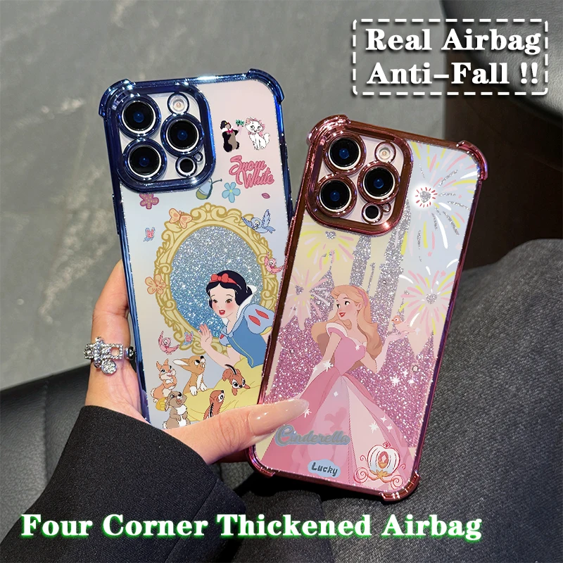 Snow White Ariel Princess Plating Case For iPhone 16 15 14 13 12 11 Pro Max X XR XSMax 7 8 6 Plus Anti-Fall Airabag Back Cover