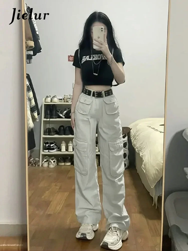 

Jielur Summer New Chic Street Slim Cargo Pants Woman Loose Slim Casual Women's Pants High Waist Simple Wide Leg Pants Female