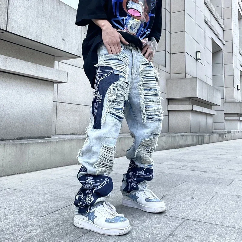 

Hole Fringe Jeans Men Jesus Cross Embroidery High Street Pants Tassel Ripped Retro Denim Trousers Baggy Harajuku Jean Pant Male