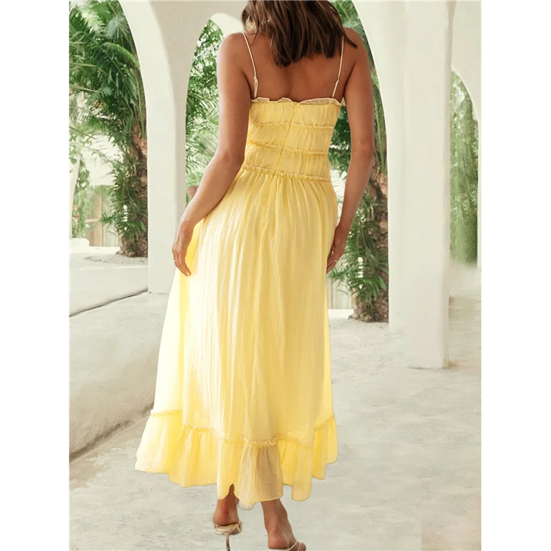 【SEE】สตรี 2025 ฤดูร้อนชุดลําลองสปาเก็ตตี้สายคล้องคอ RIC Rac Trim Smocked Ruffle Beach Long Maxi Dress