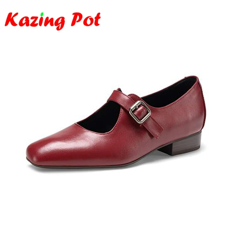 Krazing Pot Full Grain Leather Round Toe Low Heels Vintage Superstar Daily Wear Mary Janes Gladiator Preppy Style Women Pumps