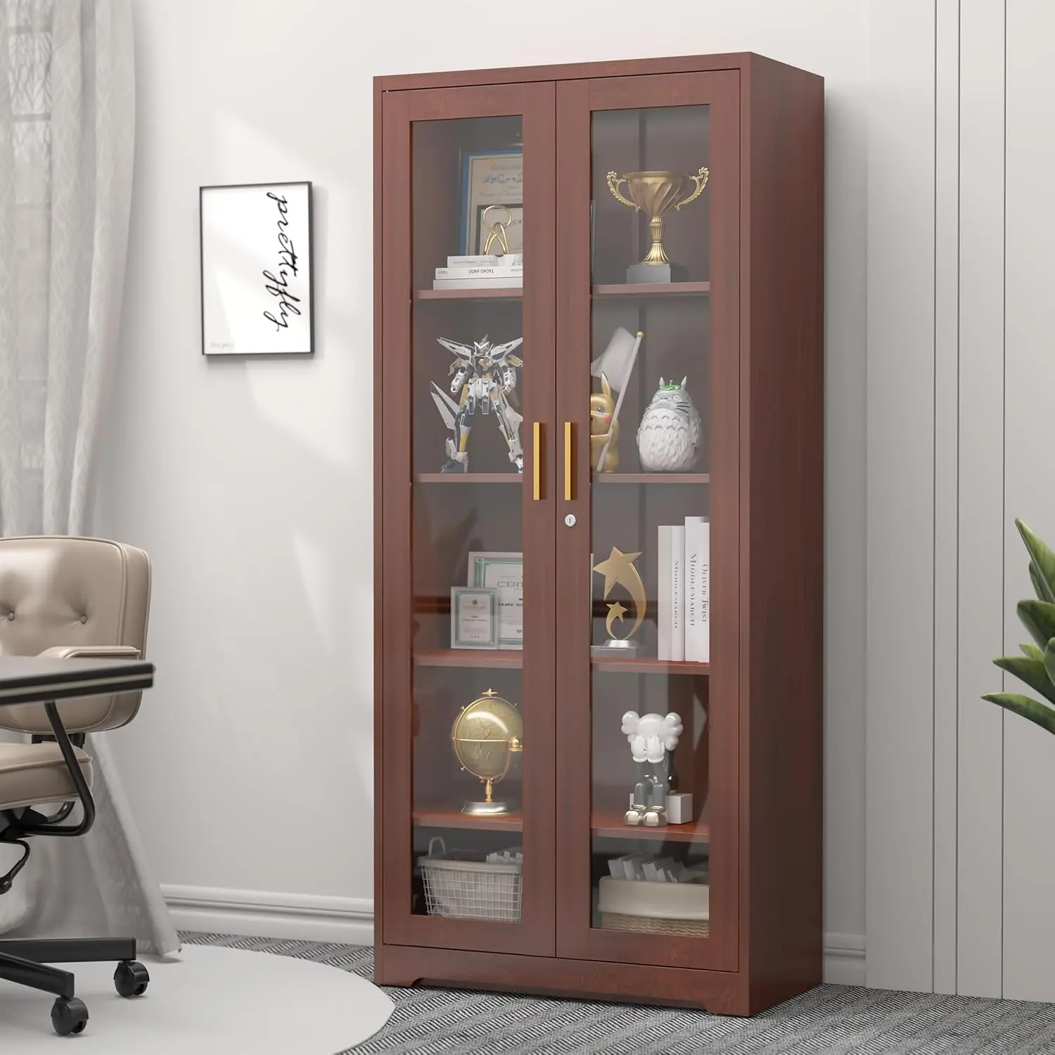 

71" Glass Display Cabinet with Lock,Curio Cabinet with Glass Doors, Metal Display Case ,Liquor,Commercial