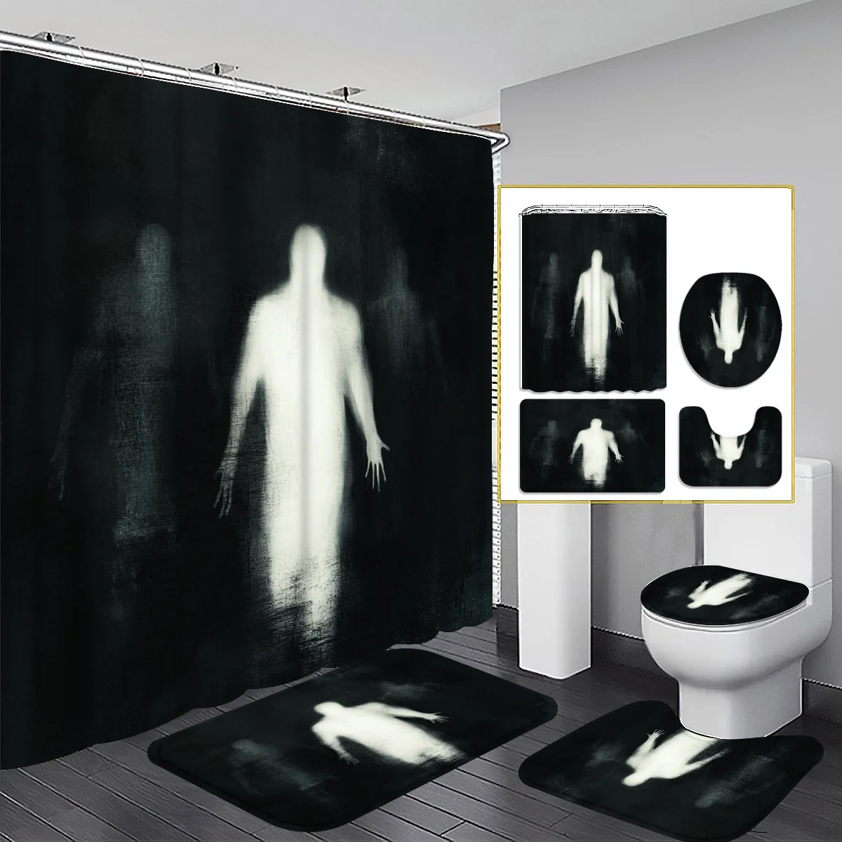 

4 шт., набор занавесок для душа в европейском и американском готическом стиле с белым призрачным узором, занавеска для ванной комнаты, декоративный напольный коврик для ванной комнаты