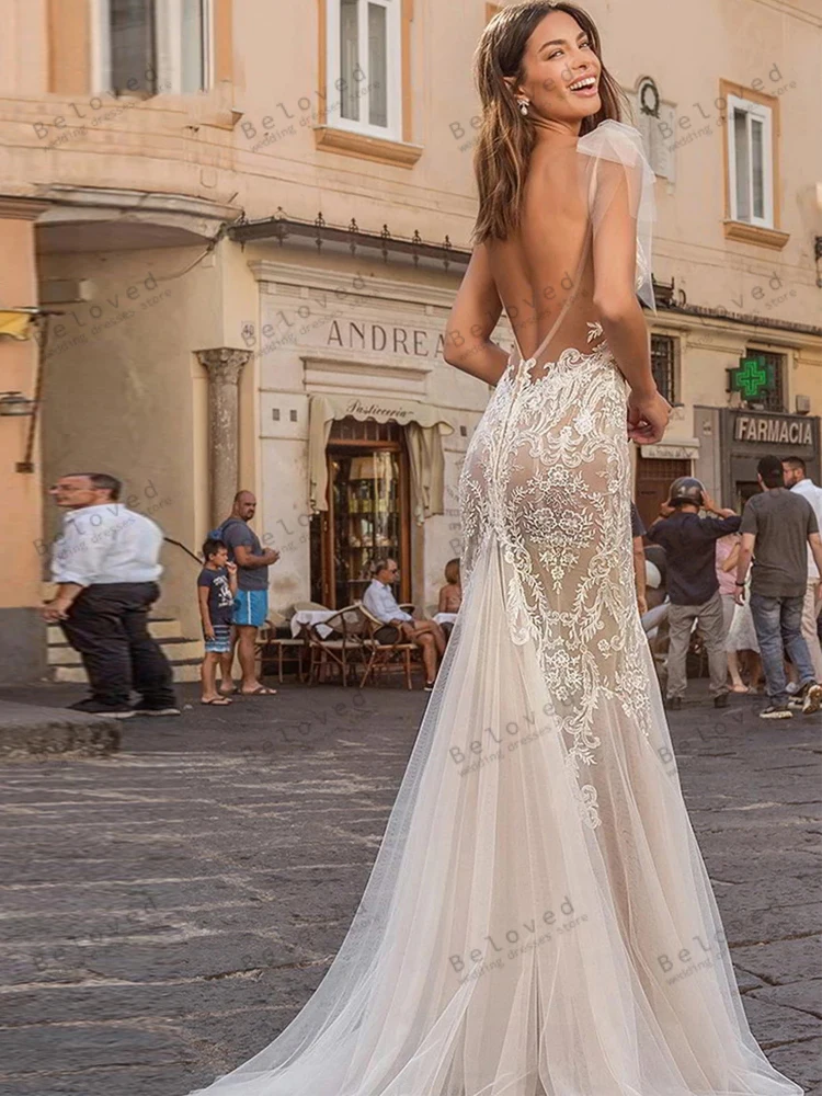 Robe de Mariée Élégante, Vintage, Fourreau, Sirène, Dentelle, Appliques, Sexy, Bretelles Spaghetti, Dos aux, pour Mariées