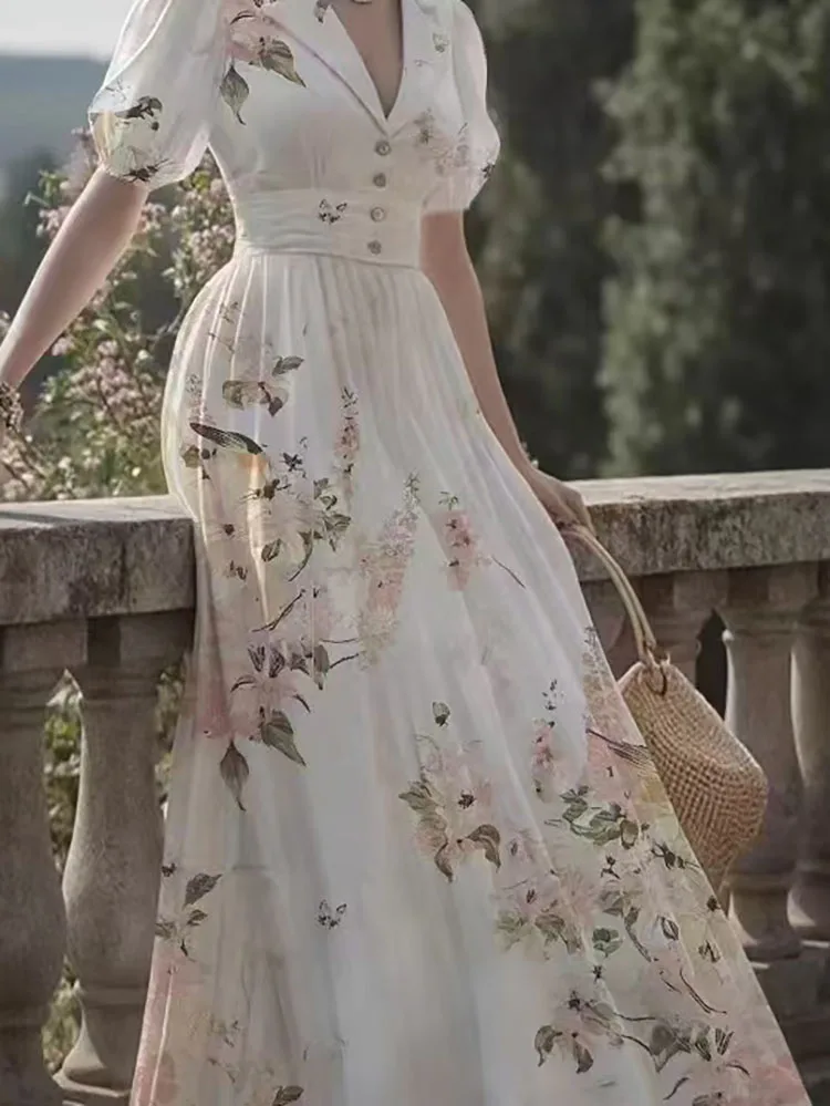 ファッションフラワープリントハイウエストホリデードレス新しい夏のパフスリーブプリーツ女性のドレスカジュアルラペルウエディング大統領ドレス