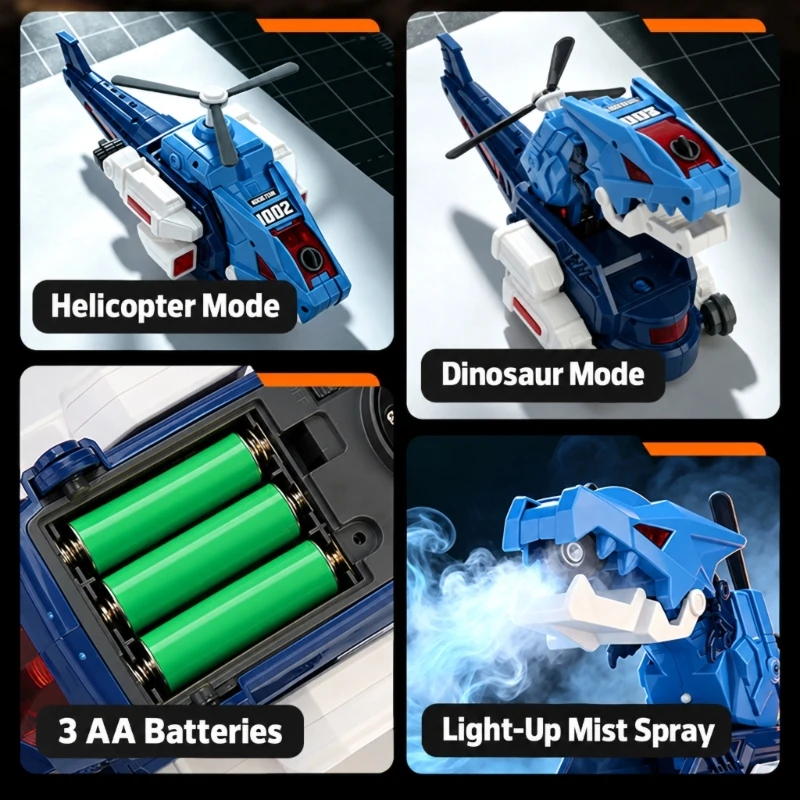 3-Form Transforming Helicopter Toy with Aircraft and Creature Forms, Powered Multidirectional Travel, Rotating Top Rotor, 15UB