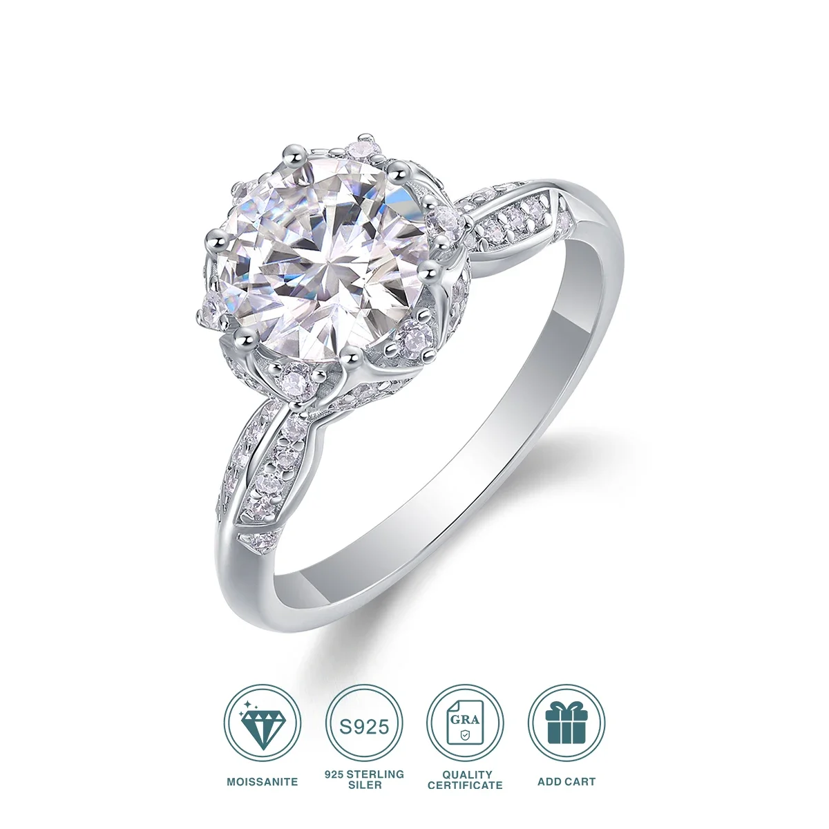 

JIUZUAN 2Ct Moissanite Halo Ring, S925 Silver, 18K Gold Plated, Floral-Inspired Design, Perfect for Engagement
