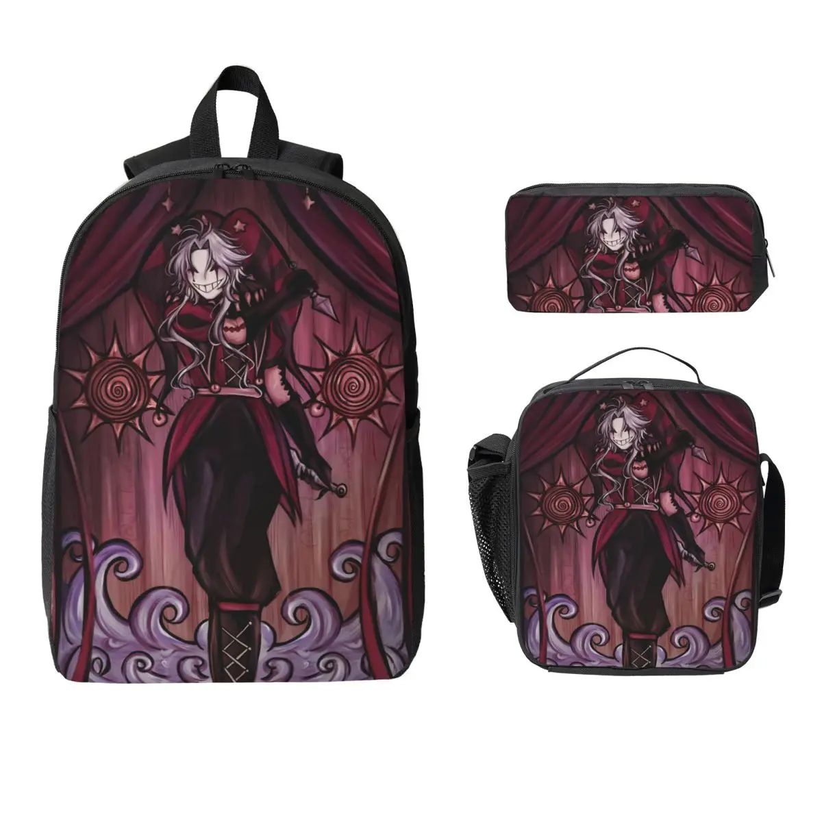 3Pcs Pierrots The Freak Circus  Backpack Set for Girls Boys Pen Bags Bookbag Sets with Lunch Box For School Students Knapsack