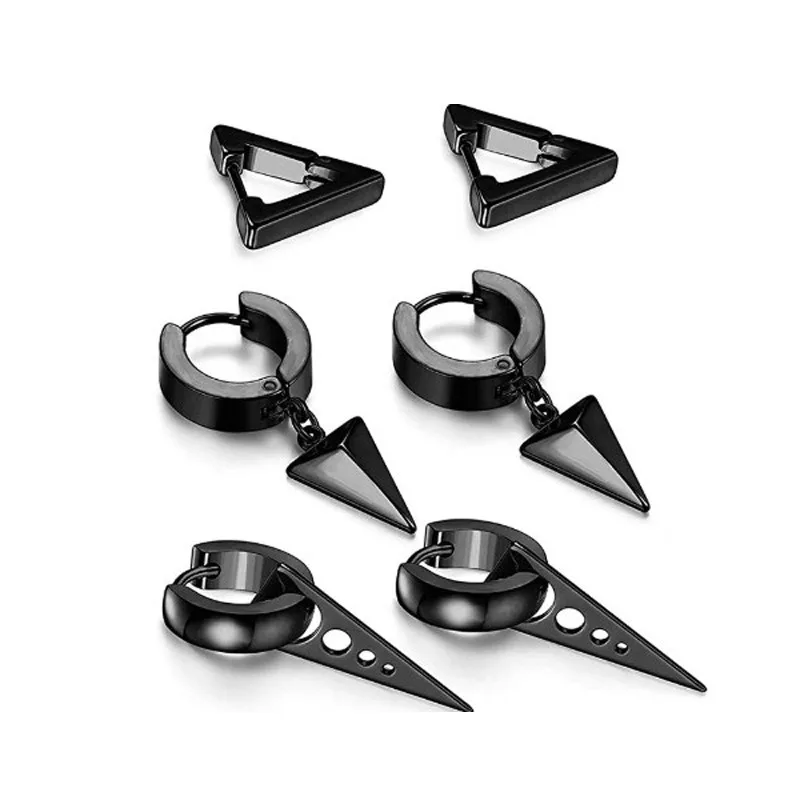 3 Pairs of Fashionable Triangle Pendants Hip-hop Stainless Steel For Daily Wear, Men\'s Hoop Earrings