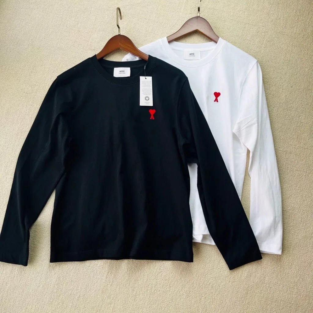 AP Red Heart Embroidered Long Sleeve T-Shirt Men Women Unisex Oversized Pure Cotton Crewneck Casual Streetwear Basic Tops