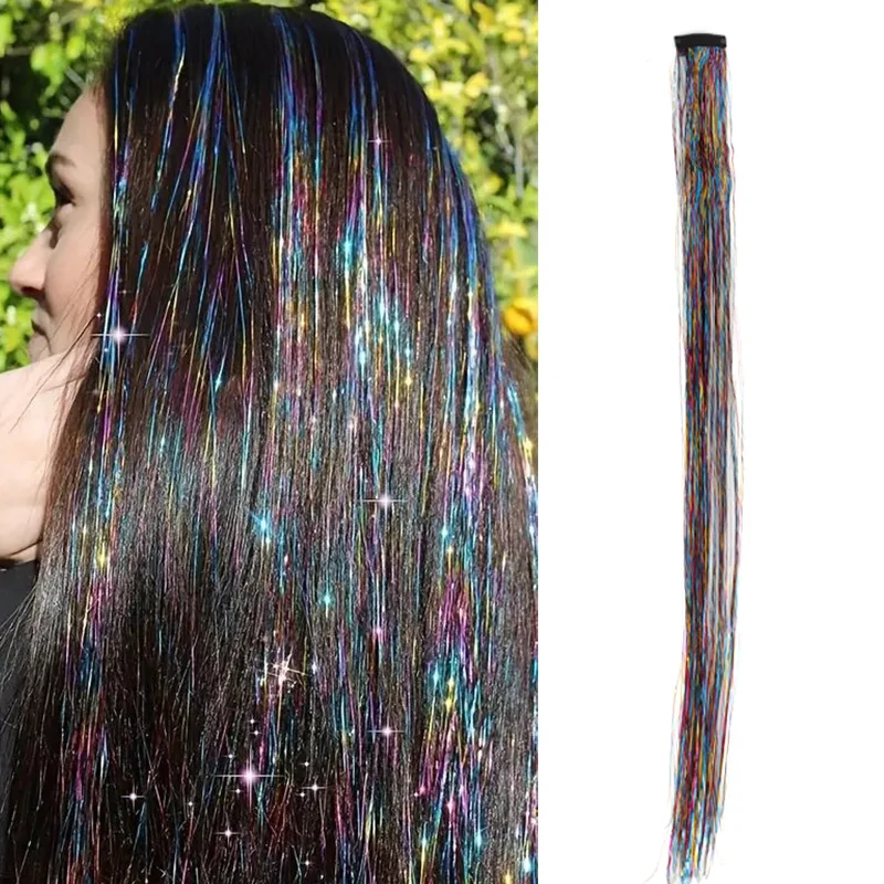 Sparkling Hair Tinsel Clip-In Extensions 1PC Synthetic Shiny Sparkle Glitter Strands For Women Christmas Party Festivals Wear