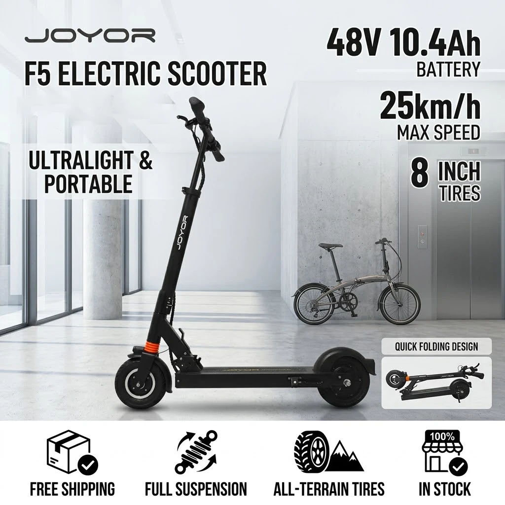 JOYOR F5 Elektroroller, 48V 10,4Ah Akku, Tragbarer City-Elektroroller, Geländetaugliche 8-Zoll-Reifen, E-Scooter für Tägliche Fahrten und Pendeln