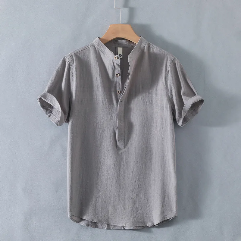 Summer Linen Short Sleeve Shirt Men's Stand Collar Loose Breathable Vintage Casual Half Sleeve Tee