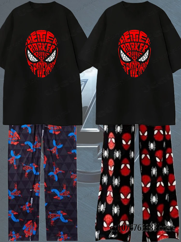Camiseta de verano de Marvel Spider-man con pantalones de pijama, trajes de gran tamaño para adultos/niños, pantalones para hombres y mujeres, ropa de casa para padres e hijos