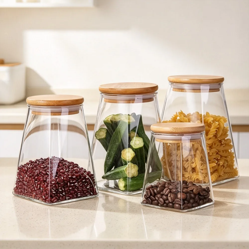 Glass Storage Jars Set High Borosilicate Glass Canisters Food Containers with Wooden Lids Kitchen Organizer