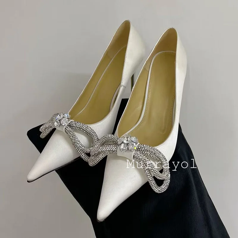 Zapatos individuales con decoración de diamantes de imitación en forma de corazón, Sandalias de tacón alto fino de satén con punta estrecha para mujer, zapatos de vestir de verano, zapatos de boda