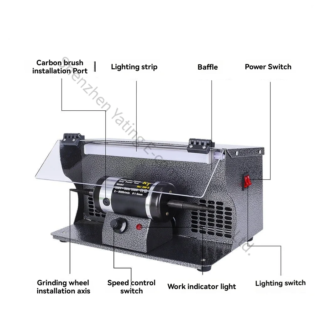 220V double-head cloth wheel polishing machine with lamp and speed control, suitable for polishing gold and silver jewelry.