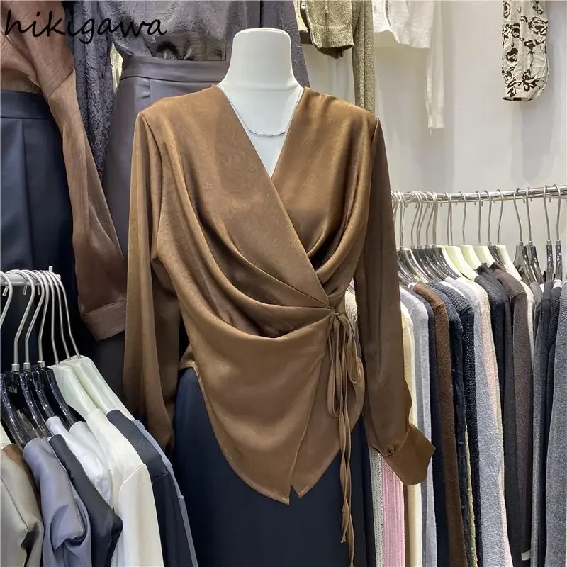 

Temperament Camisas De Mujer Vintage Blouse Women Bandage V-neck Long Sleeve Shirts Solid Color Summer Irregular Blouses Tops