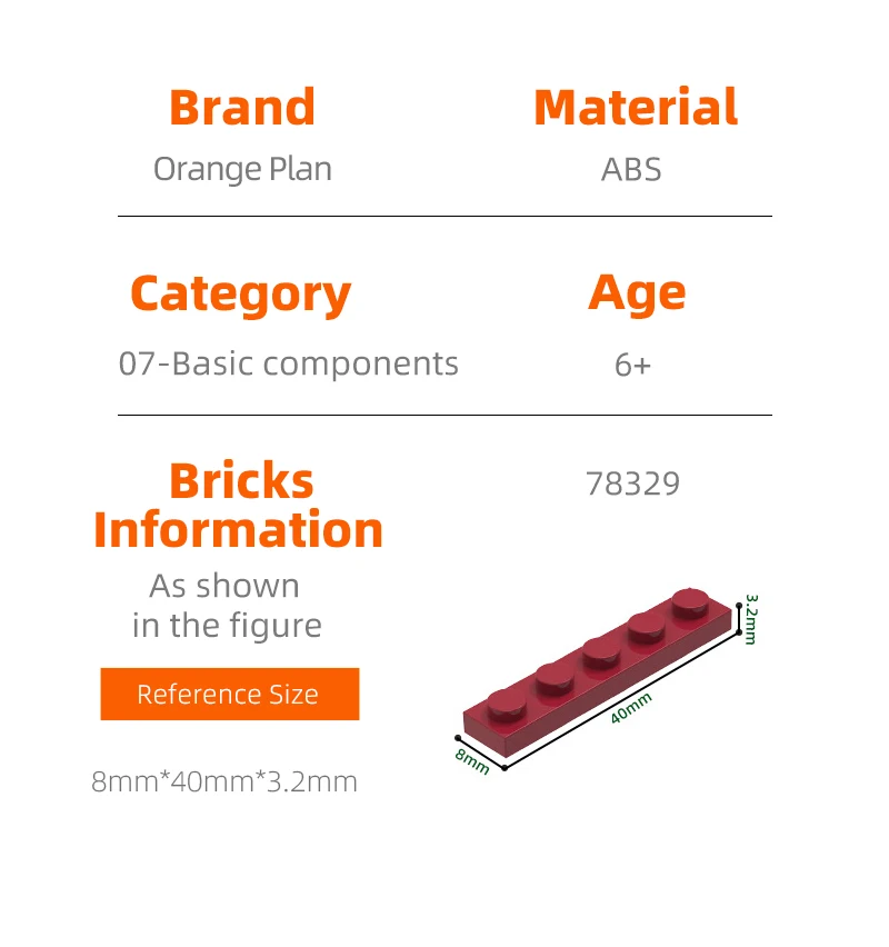 Orange Plan 78329 100g/124PCS Plate 1X5 Holes Block Moc Color Compatible with 78329 Brick DIY Children's Toy Assembly Parts