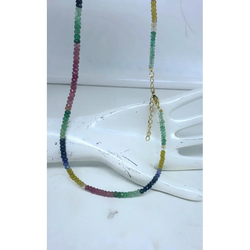 

Multi Sapphire Jewelry Necklace 20” Round Faceted Gem Beads Gold Clasp