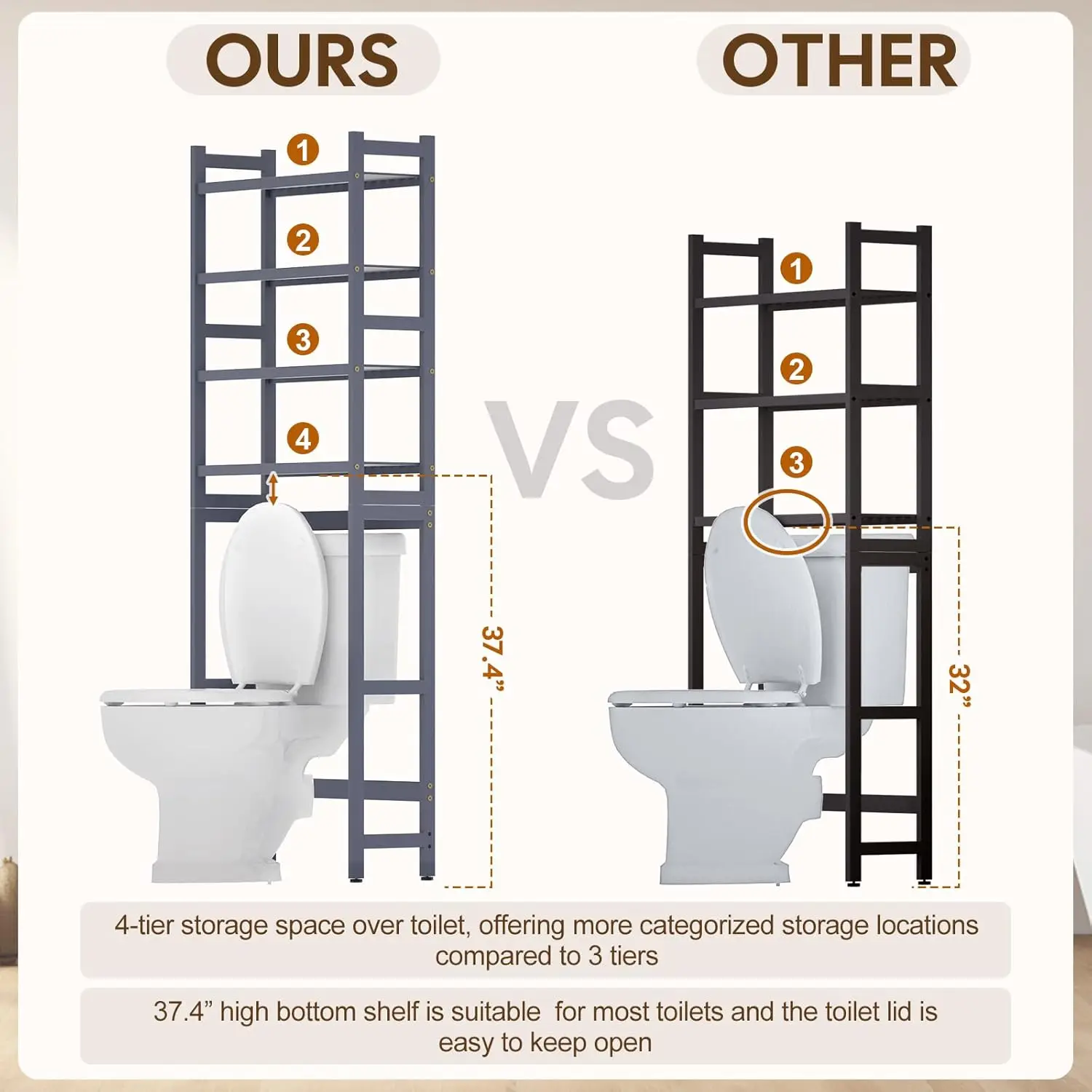 

Over The Toilet Storage With 2 Baskets, 4-Tier Bamboo Organizer Rack With Paper Holder & 4 Hooks & Waterproof Feet