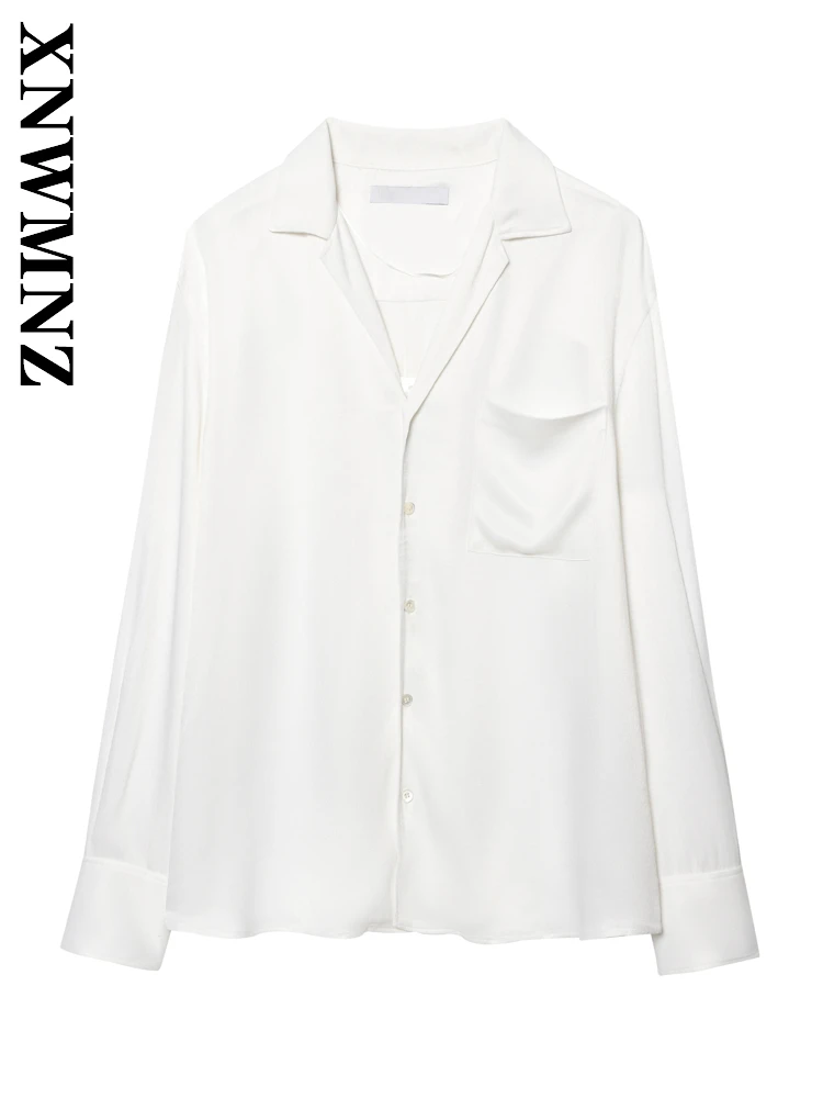 

XNWMNZ 2025 Summer New Woman's Chic Casual Notched Collar Long Sleeve Long Sleeve Top Fashion Lady Top Simple Pockets Blouses