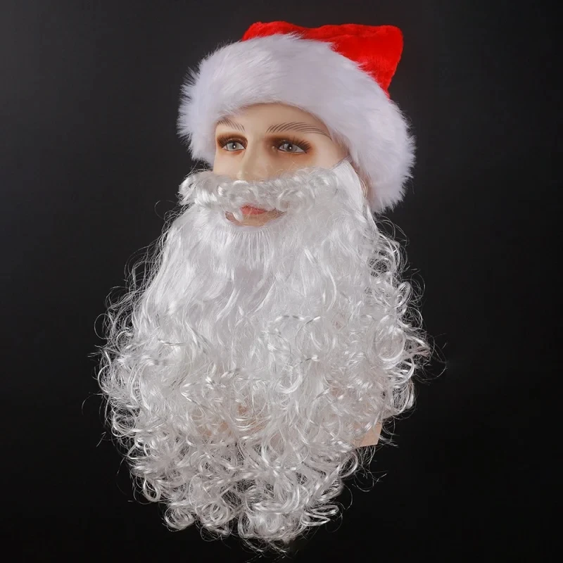 2pcs/set Synthetic White Santa Claus Beard and Red Flannel Hat Unisex Men Women Party Dress Up Accessories Christmas Cosplay Toy