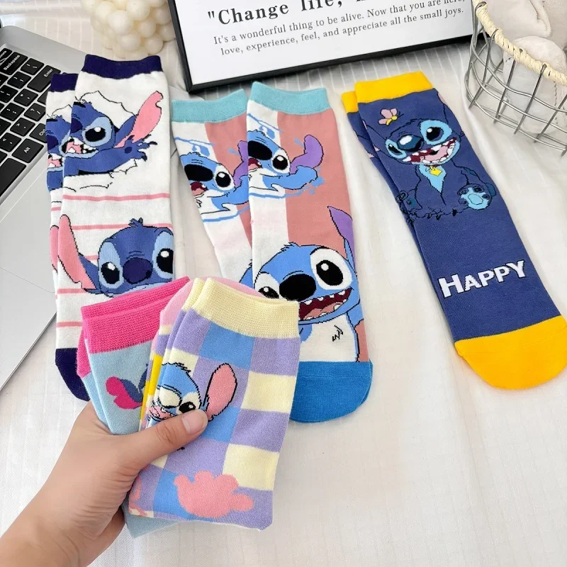 

5 Pairs Cute Disney Cartoon Stitch Women Socks Cotton Comfortable Anime Crew Socks Casual Boys Gilrs Happy Funny Socks