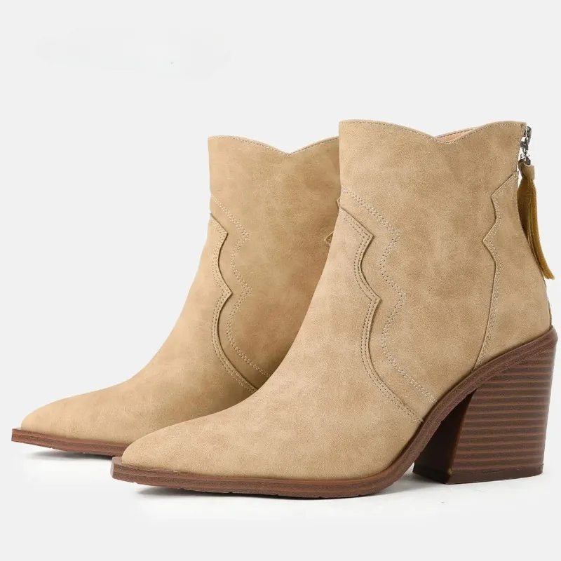 Chunky Wooden Heels Boots Woman Solid Leather Shoes Pointed Toe Wedges Botas Feminina Cowboy Ankle Bottes Chelsea Botines Mujer