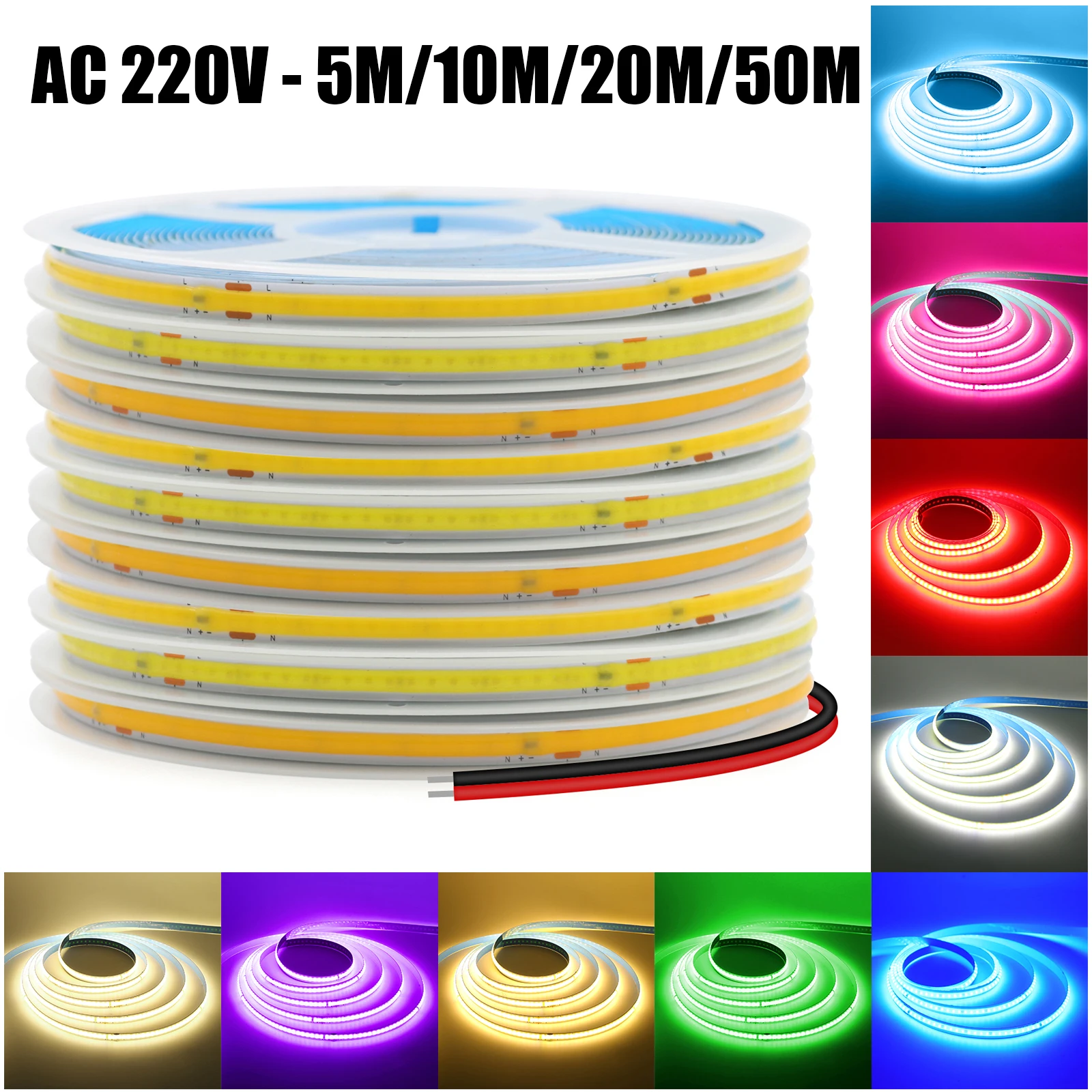 AC 220V COB Strip 240Leds/M 5M 10M 20M 50M/Roll Red/Green/Ice Blue/Pink/White/Purple Flexible Ribbon LED Light For Home Decor