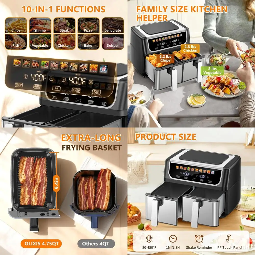 

Аэрофритюрница с двумя корзинами объемом 9,5 кварты, независимым контролем температуры и 10 предустановленными программами для многофункционального приготовления