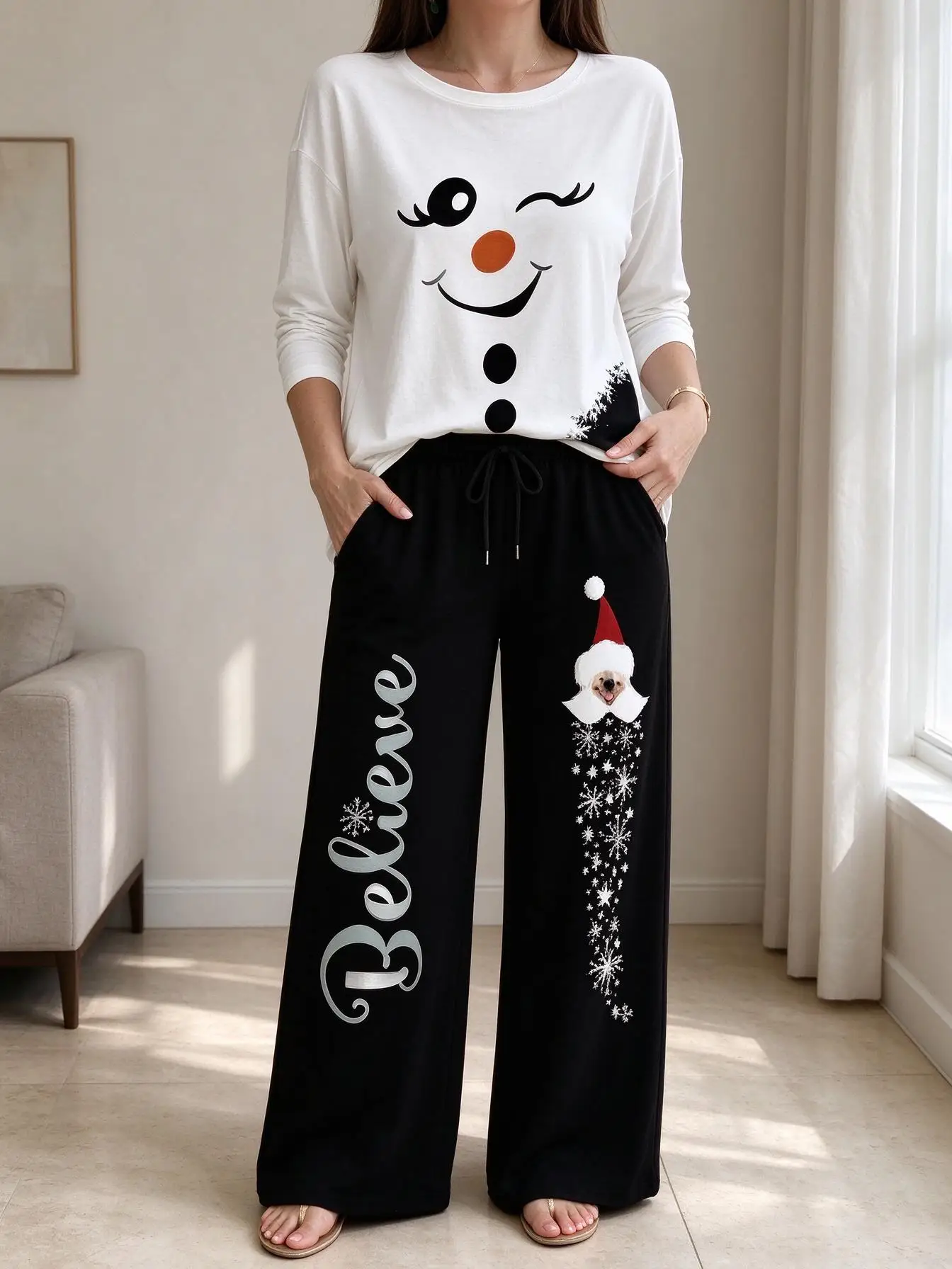 Women Imitation Cotton Pajama Set Cream Floral Bird Print Round Neck Long Sleeve 2PCS Sleepwear Loungewear