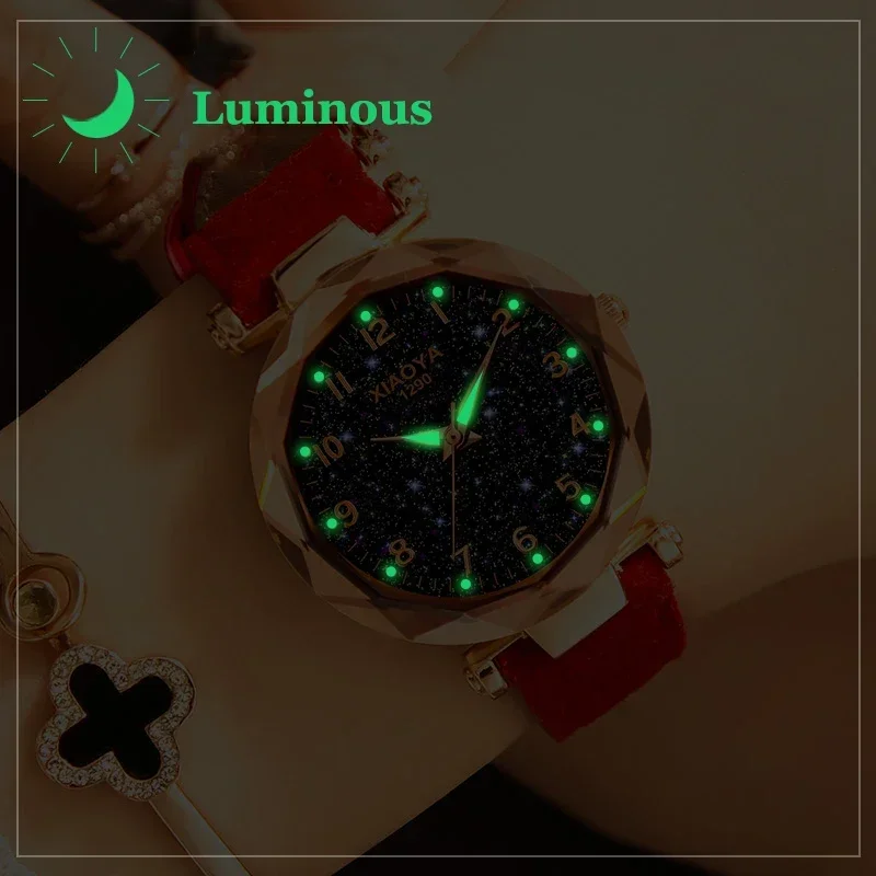 Luxury Starry Sky Watch for Women Fashion Ladies Quartz Wristwatch Red Leather Waterproof Clock Relogio Feminino Zegarek Damski