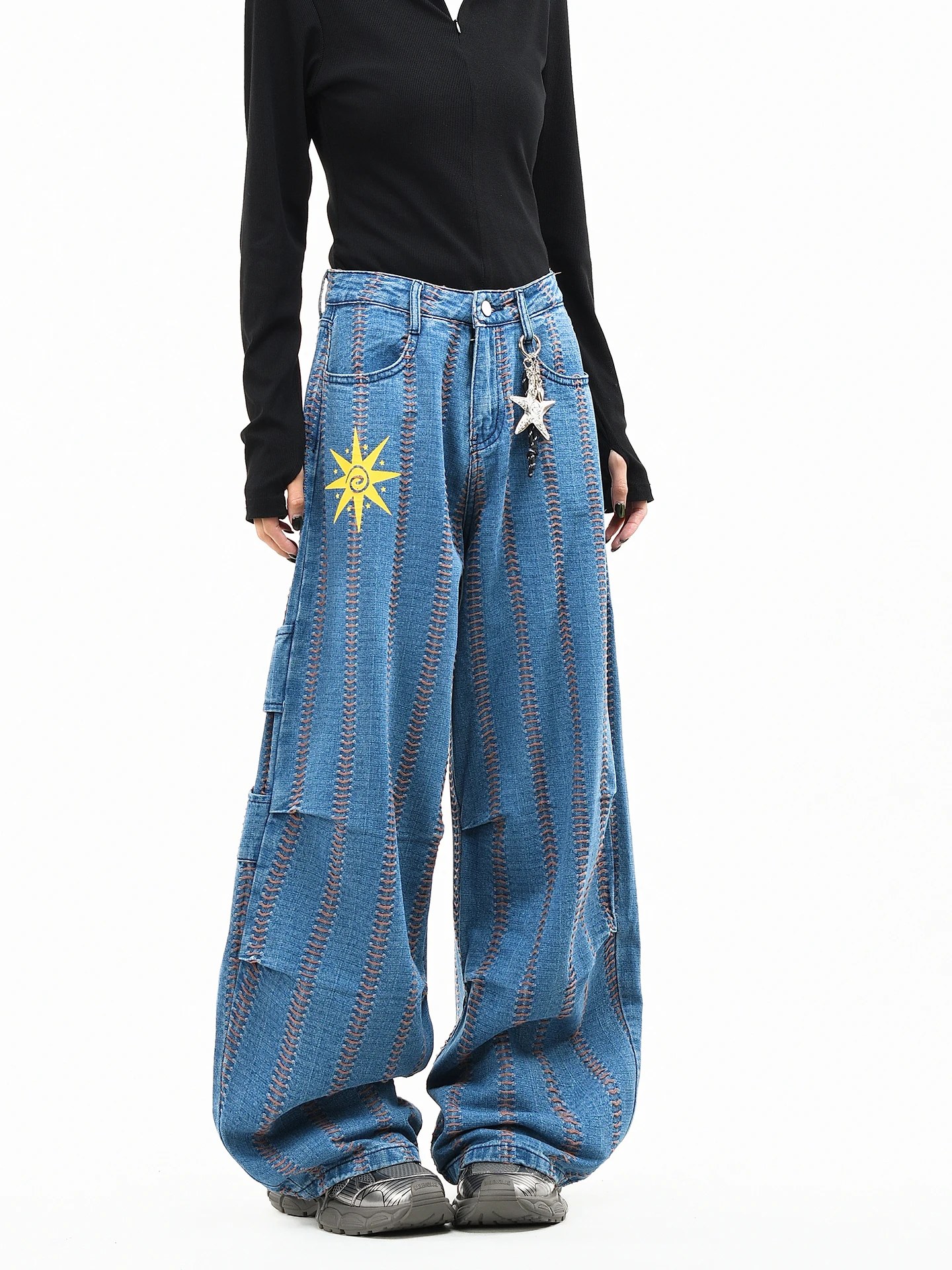 

OV Original American Waed Sewing Line Design Wide Leg Jeans Men Women Loose Floor Length Vintage Jeans Cotton Denim Blue