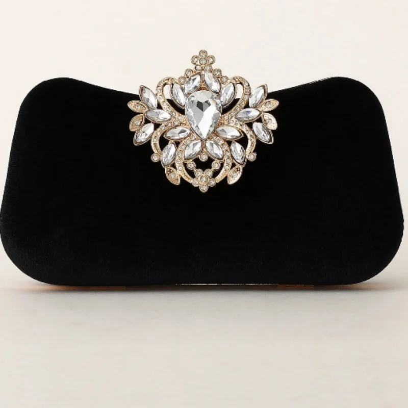 Dark Green Velvet Clutch Bag Luxury Rhinestone Floral Brooch Hard Evening Handbag Elegant Wedding Party Ladies Purse Gold Color view 3